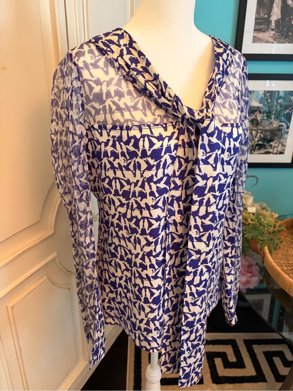 Tory Burch Silk Blue & White Bird-Print Tie-Neck Blouse